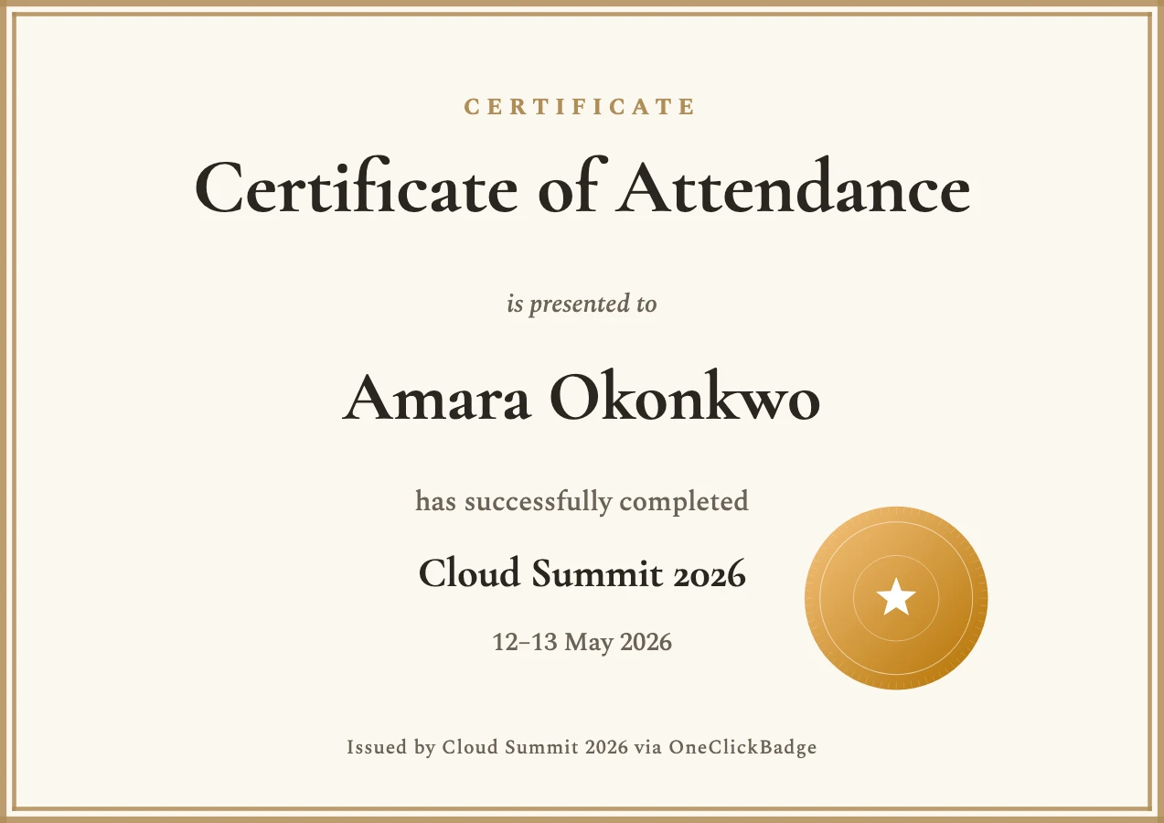 Englisches Certificate of Attendance mit Goldrahmen für den Cloud Summit 2026