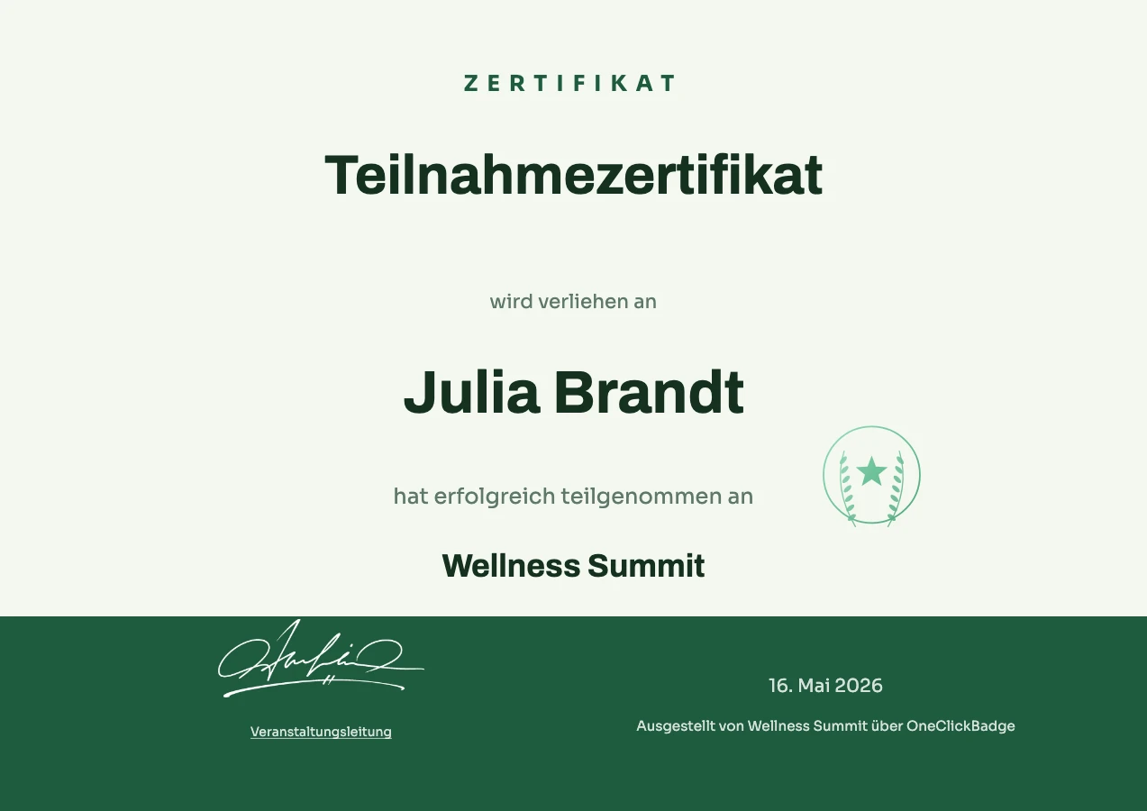 Zertifikat-Vorlage mit grünem Fußband zum Wellness Summit