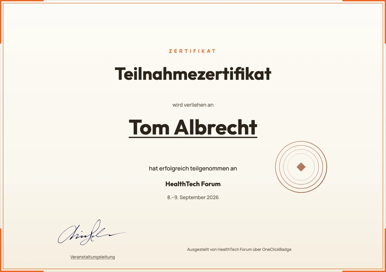 Zertifikat-Vorlage mit feinem Eckrahmen zum HealthTech Forum