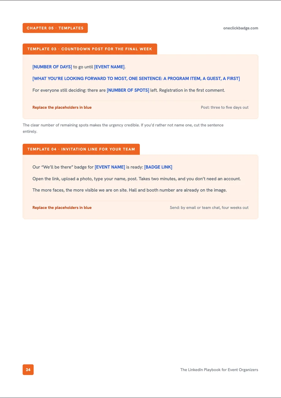 Inside page from the playbook: ready-made templates for countdown and invitation posts
