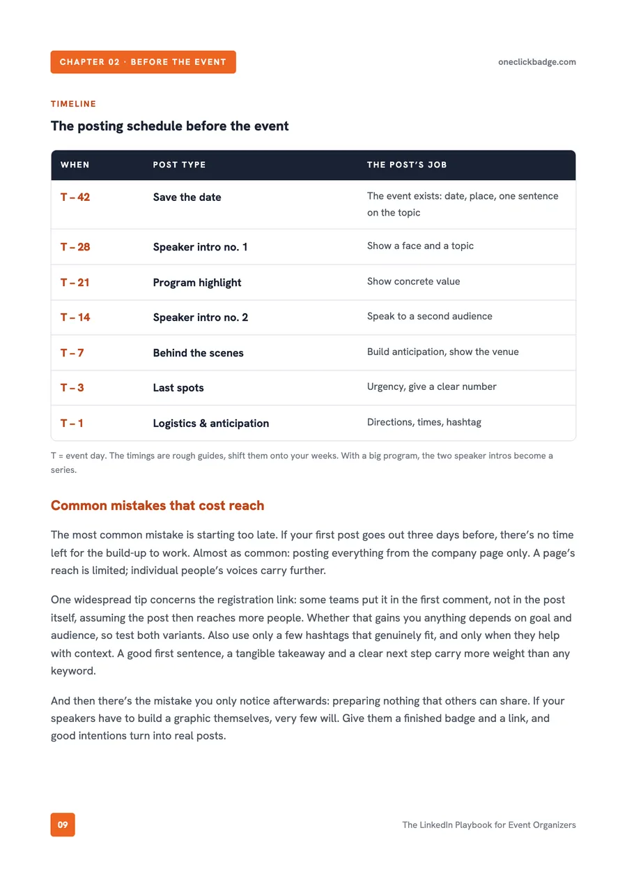 Inside page from the playbook: the posting schedule before the event, as a table