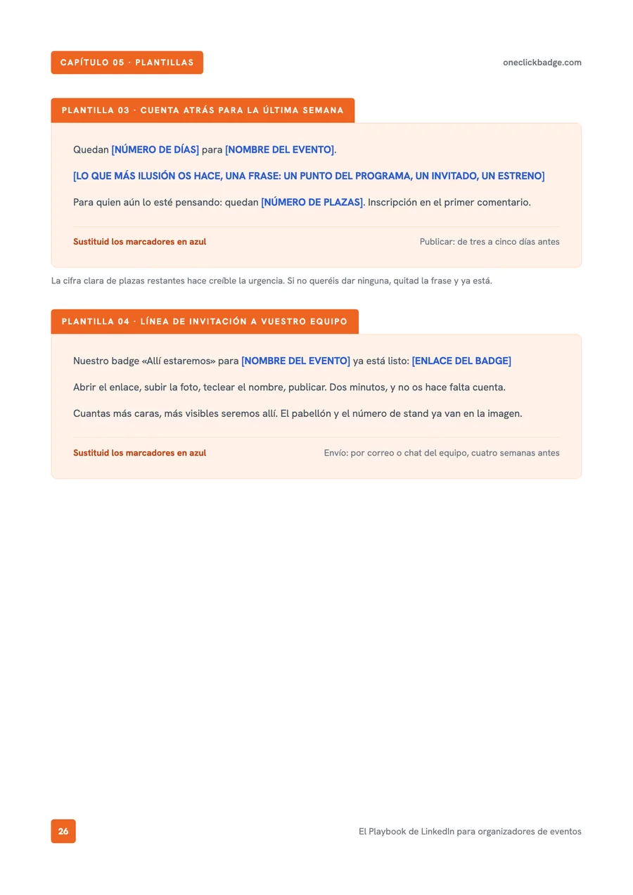 Página interior del Playbook: plantillas listas para publicaciones de cuenta atrás e invitación