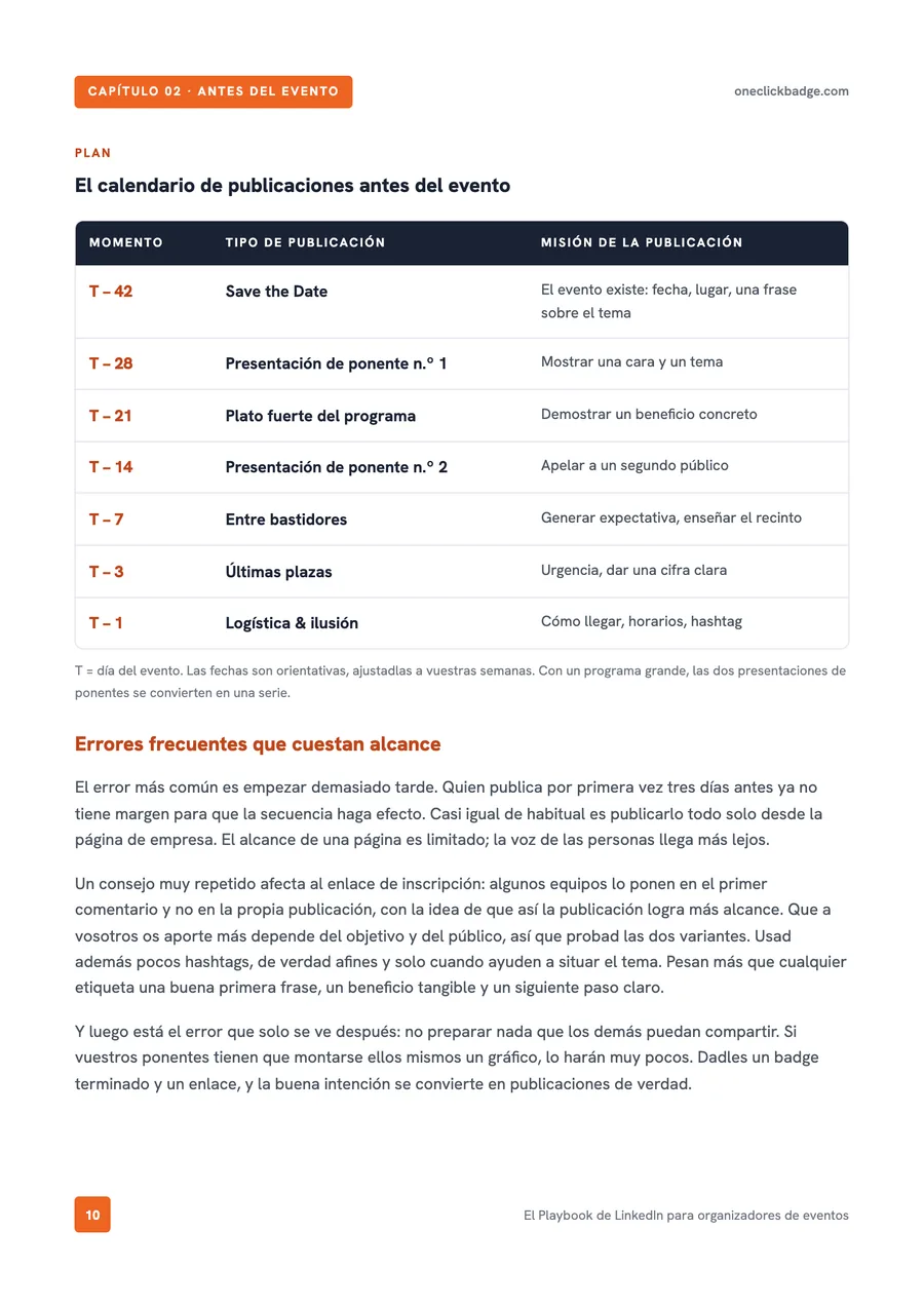 Página interior del Playbook: el calendario de publicación antes del evento, en forma de tabla