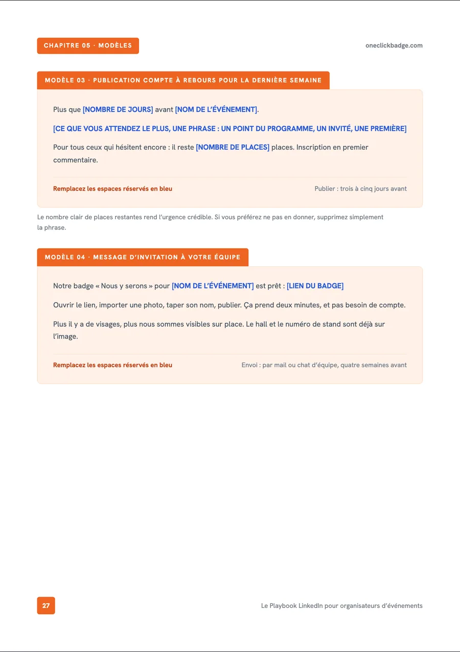 Page intérieure du playbook : des modèles prêts à l’emploi pour les posts de compte à rebours et d’invitation