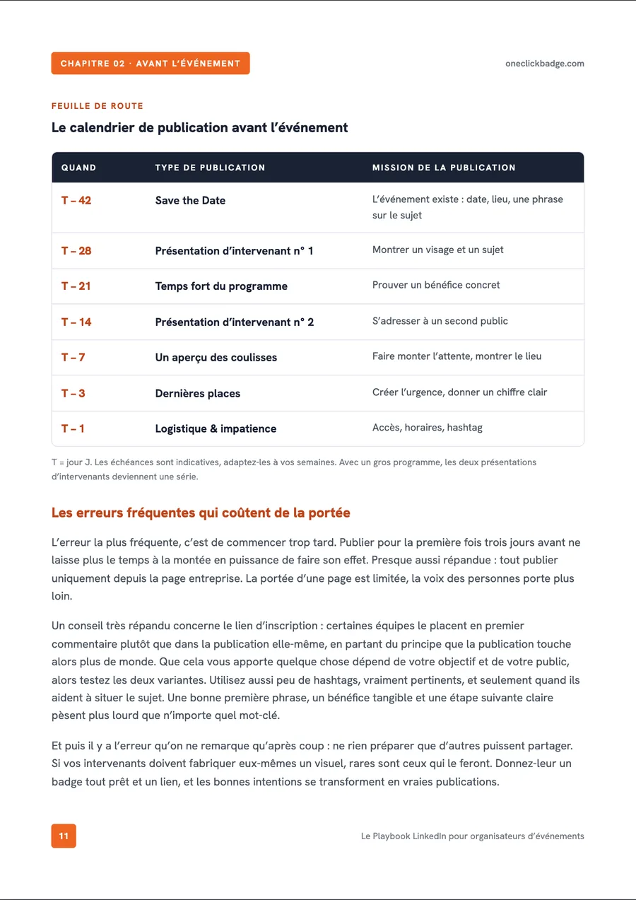 Page intérieure du playbook : le calendrier de publication avant l’événement, sous forme de tableau