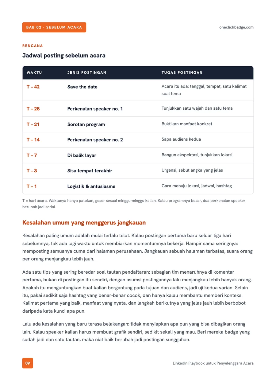 Halaman dalam dari playbook: jadwal posting sebelum acara dalam bentuk tabel