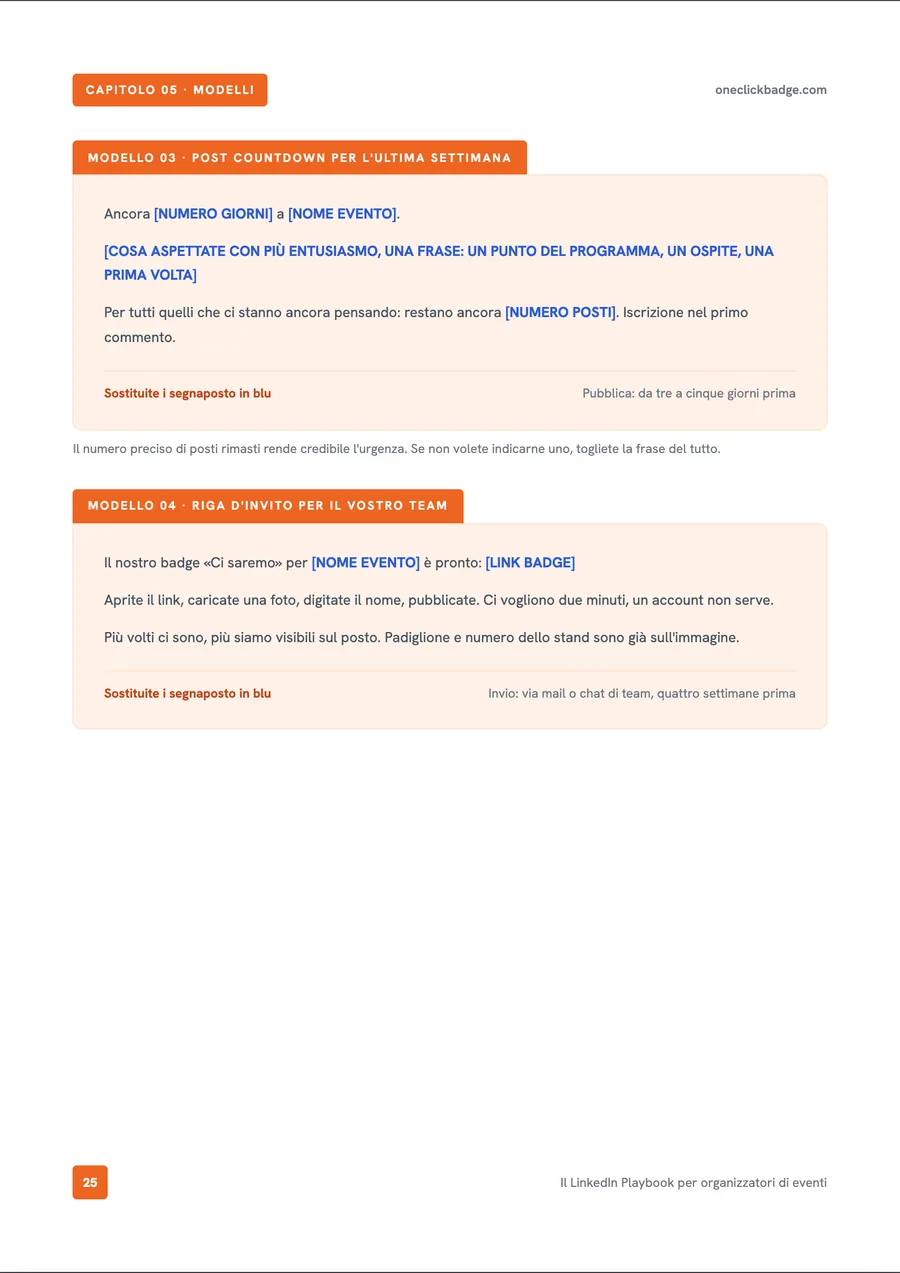 Pagina interna del playbook: modelli pronti per i post di countdown e invito