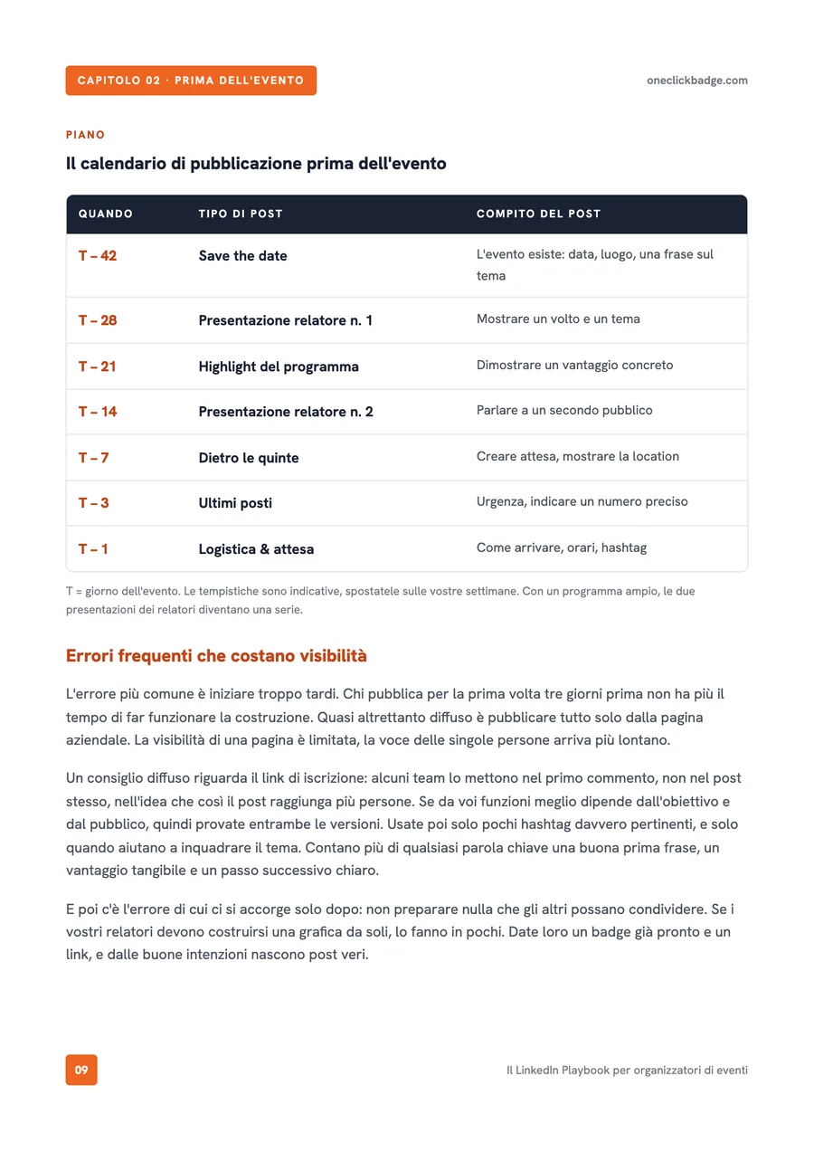 Pagina interna del playbook: il calendario di pubblicazione prima dell’evento, in forma di tabella