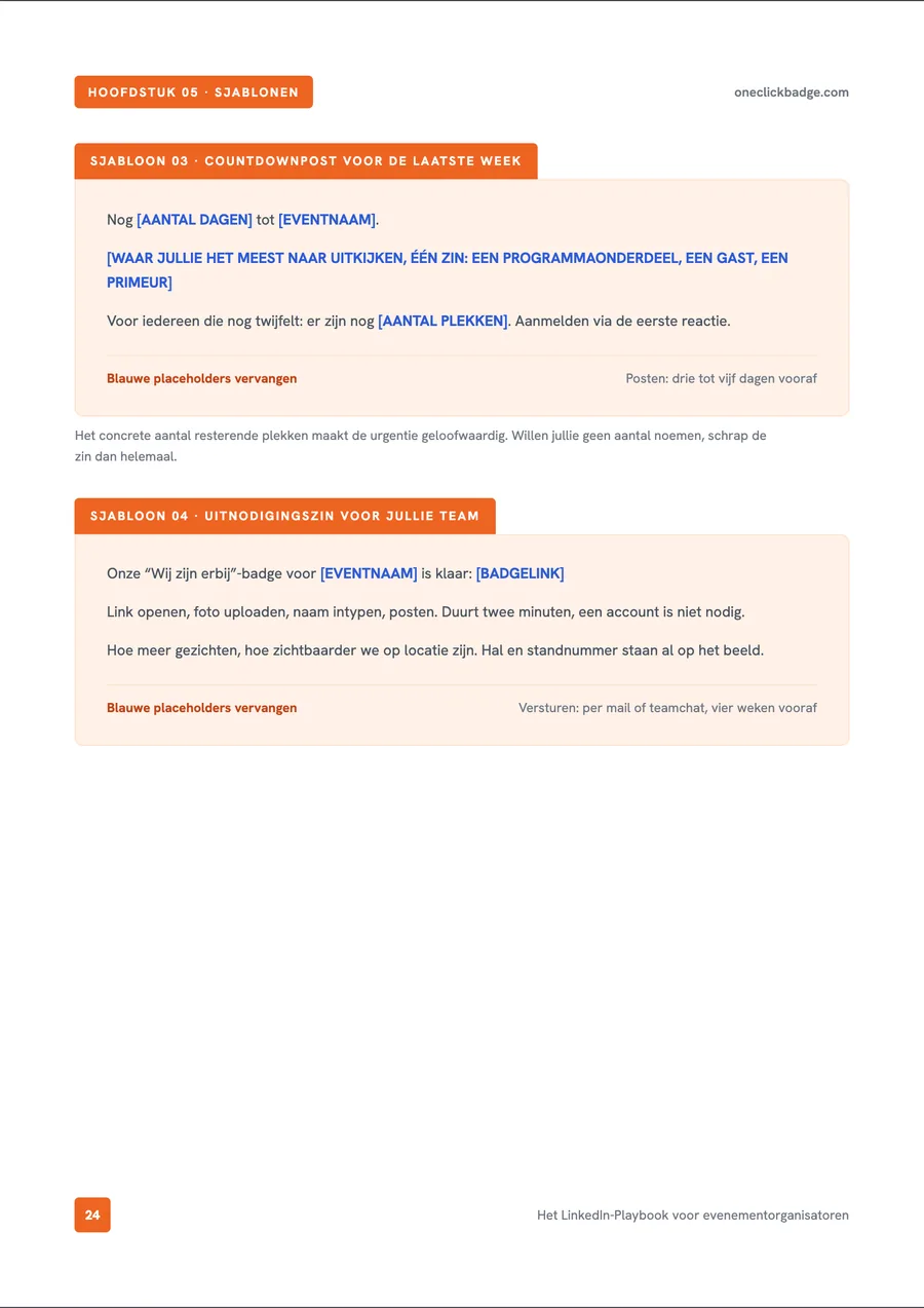 Binnenpagina uit het playbook: kant-en-klare sjablonen voor countdown- en uitnodigingsposts