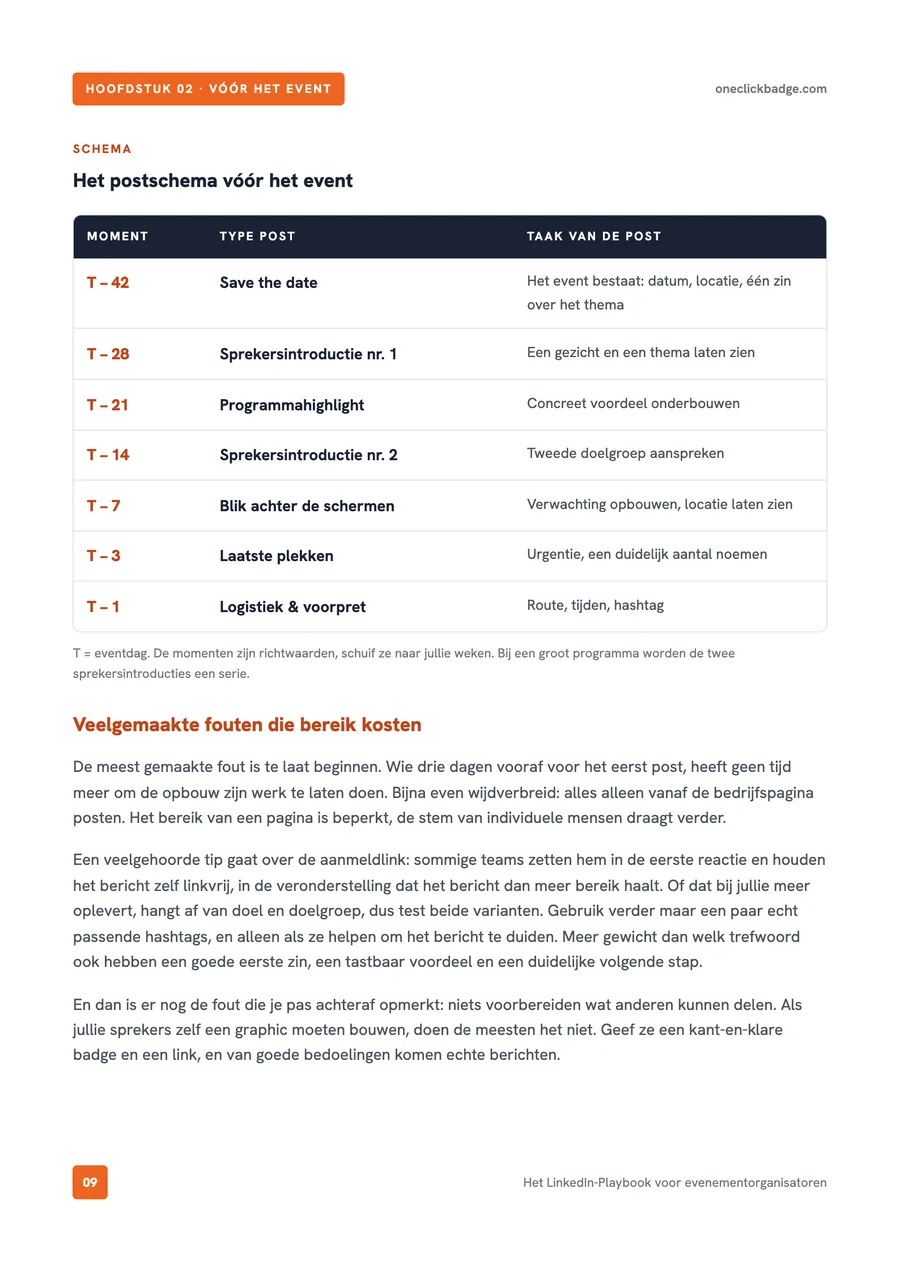 Binnenpagina uit het playbook: het postingschema vóór het event, als tabel