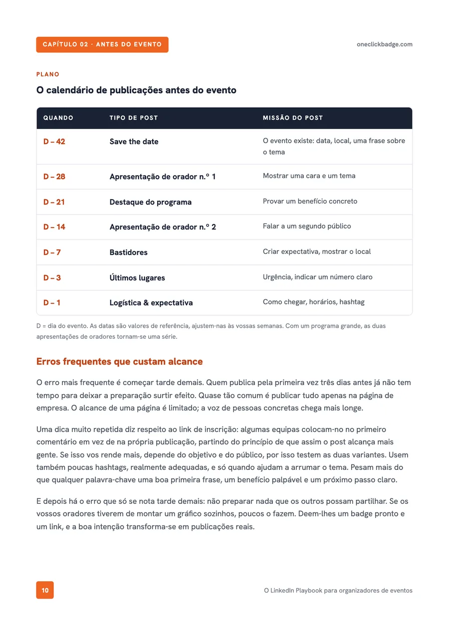 Página interior do playbook: o calendário de publicações antes do evento, em tabela